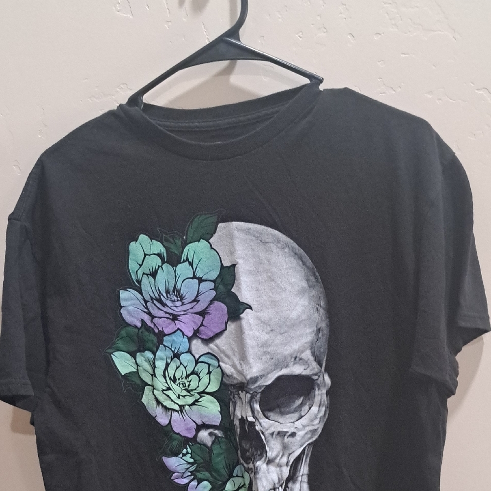 Black T-Shirt with Skull and Floral Design